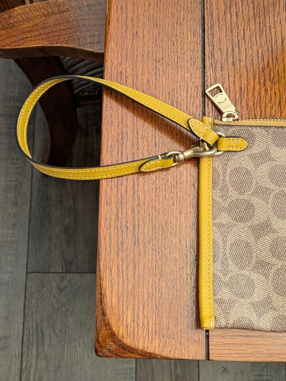 COACH Signature Canvas Wristlet with Yellow Trim